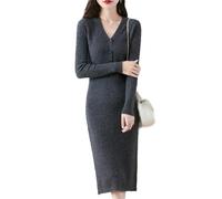 Abito da donna 100% lana maglione con scollo a V bottoni slim maglione lungo spesso caldo elegante abiti lunghi lavorati a maglia, Grigio scuro9, L