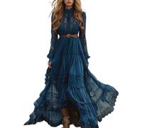 Abito da donna 2025 a maniche lunghe del 1800, abito medievale con balze, Blu, XXL