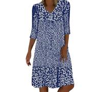Abito da donna 2026, a maniche corte, scollo a V, lunghezza media, con stampe floreali, abito da sera da donna, Blu, XL