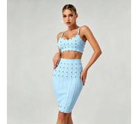 Abito da donna a due pezzi con spalline sottili, rivetti e laccetti, sexy, alla moda, elegante, aderente, per feste, club e matrimoni L,M,S,XSBlocchi di colorePoliestere