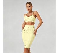 Abito da donna a due pezzi con spalline sottili, rivetti e lacci, sexy, alla moda, elegante, aderente, per feste, club, matrimoni, giallo L,M,S,XSGeometricoPoliestere