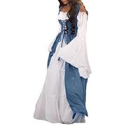Abito da donna a due pezzi, stile gotico, medioevo, retrò, taglia grande, lungo, abito da cerimonia, costume storico, blu, L