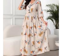 Abito da donna a maniche 3/4 con stampe, decorazioni a blocchi di colore e bottoni, in stile arabo, primaverile/estivo, modesto L,M,S,XLPiante,stampa dappertuttoTessuto intrecciato