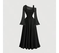 Abito da donna a maniche a trombetta lunghe e spalle scoperte in rete color albicocca, taglie comode, stile occidentale, vintage, anni '70, adatto per The Bachelorette, San Valentino 0XL,1XL,2XL,3XL,4