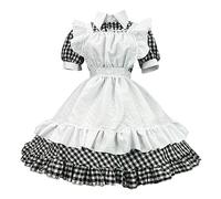 Abito da donna a maniche corte a quadretti, alla moda ed elegante, scollo a risvolto, con cerchietto per capelli, abiti Lolita con balze per festa della birra di Halloween, Nero , XXXXL