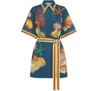 Abito da donna a maniche corte con motivo floreale, estivo, vintage, bohémien, stampa graffiti, abito midi con scollo a polo colorato, abbottonatura con lacci, abito casual tropicale, Blu scuro, M