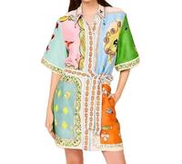 Abito da donna a maniche corte con motivo floreale, estivo, vintage, bohémien, stampa graffiti, abito midi con scollo a polo colorato, abbottonatura con lacci, abito casual tropicale, Poker, L