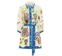 Abito da donna a maniche corte con motivo floreale, estivo, vintage, bohémien, stampa graffiti, abito midi con scollo a polo colorato, abbottonatura con lacci, abito casual tropicale, Blu, M