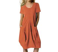 Abito da donna a maniche corte in cotone e lino, estivo, per il tempo libero, con scollo rotondo, con tasche, Colore: rosso, XXXXL