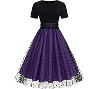 Abito da Donna a Maniche Corte in Rete a Pois e Tulle Abito Estivo Swing Abito Girocollo Maniche Corte a Pois Splicing Abito Vintage Hepburn (Viola,XL)