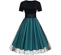 Abito da Donna a Maniche Corte in Rete a Pois e Tulle Abito Estivo Swing Abito Girocollo Maniche Corte a Pois Splicing Abito Vintage Hepburn (Blu,L)