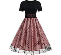 Abito da Donna a Maniche Corte in Rete a Pois e Tulle Abito Estivo Swing Abito Girocollo Maniche Corte a Pois Splicing Abito Vintage Hepburn (Rosa,M)