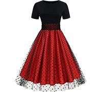 Abito da Donna a Maniche Corte in Rete a Pois e Tulle Abito Estivo Swing Abito Girocollo Maniche Corte a Pois Splicing Abito Vintage Hepburn (Rosso,XXL)