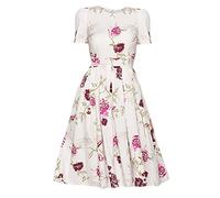 Abito da donna a maniche corte, stile retrò, con motivo floreale, a maniche corte, scollo rotondo, bianco, XXL