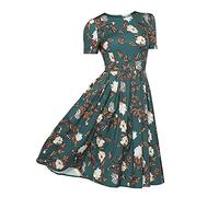 Abito da donna a maniche corte, stile retrò, con motivo floreale, a maniche corte, scollo rotondo, c, L