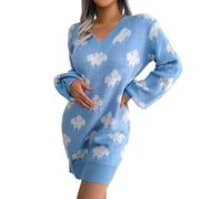Abito da donna a maniche lunghe, abito A-Line con scollo rotondo, vintage, casual, a vita alta, elegante, abiti lunghi per autunno e inverno, blu, L