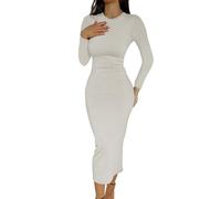 Abito da donna a maniche lunghe, casual, autunno e inverno, a vita alta, vestito da donna sotto il ginocchio, Beige, S