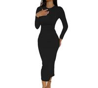 Abito da donna a maniche lunghe, casual, autunno e inverno, a vita alta, vestito da donna sotto il ginocchio, Nero , S