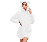 Abito da donna a maniche lunghe con cappuccio, oversize, con orecchie da orso, in tinta unita, con cappuccio, taglie forti, per la casa, con felpa di peluche, Wh1, M