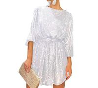 Abito da donna a maniche lunghe con paillettes glitterate scintillante per feste, vestibilità ampia, mini abito corto elegante da sera abito da cocktail, A-Bianco, L