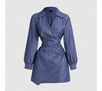 Abito da donna a maniche lunghe con stampa a righe blu navy e bianche, con volant e incrocio, adatto per Capodanno, camicia, abbigliamento da lavoro per donne, outfit da spiaggia per donne L,M,S,XL,XS