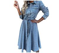 Abito da donna a maniche lunghe, elegante, in jeans, estivo, lunghezza al ginocchio, con cintura, stile vintage, linea ad A, per feste, feste, in denim, Blu, M