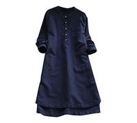 Abito da donna a maniche lunghe, elegante, in lino, estivo, bianco, vintage, oversize, in lino, lunghezza al ginocchio, per il tempo libero, tinta unita, Blu, XL