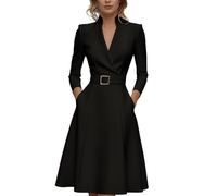 Abito da donna a maniche lunghe, elegante, lungo, da lavoro, per l'inverno, linea A con cintura, abito autunnale con scollo a V, abito da donna per feste, colletto alto, con taschena, abito da sera