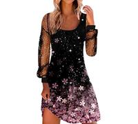 Abito da donna a maniche lunghe, lunghezza al ginocchio, autunno, in rete, sexy, con scollo quadrato, con brillantini, stampa a fiori, abito corto da festa, elegante, per il tempo libero, Colore: