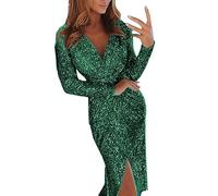 Abito da donna a maniche lunghe scintillante, abito avvolgente da donna con paillettes e scollo a V, abito da sera sexy, aderente con spacco, increspato, aderente, lucido, abito da cena per cocktail