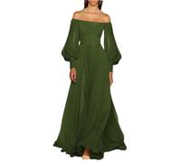 Abito da donna a pieghe in tinta unita, con scollo a barra, maniche a lanterna, abito lungo in rete, 03 Gn, XL