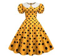 Abito da donna a pois, con colletto a camicia, a maniche corte, stile vintage anni '50, stile Rockabilly, stile Audrey Hepburn, linea ad A, per feste, serate e cocktail, Giallo, L