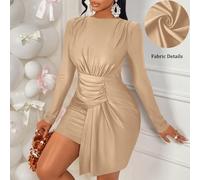 Abito da donna alla moda e sensuale per feste, con collo rotondo, maniche lunghe, spalle imbottite, arricciatura in vita e design con pannello asimmetrico, mini abito L,M,S,XL,XS,XXLTessuto in maglia