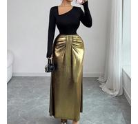 Abito da donna alla moda per la festa del 4 luglio, in tessuto elegante e vintage francese lucido ed elastico, con scollo obliquo a volant nero e oro, orlo a balze, aderente e con fondo ampio, manica