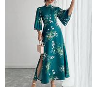 Abito da donna ampio alla cinese con maniche a sbuffo, abito lungo con spacco laterale e fantasia floreale verde, vestito da donna per il Medio Oriente, abito da festa L,M,S,XLFloreale,Piante,stampa d