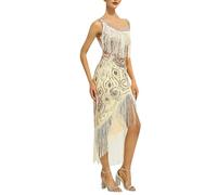 Abito da donna anni 20 Gatsby 1920er, abito verde dorato con frange, abito da ballo flapper, abito corto Charleston, costume con spalline, abito con paillettes, abito da carnevale con frange, abito da