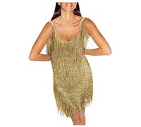Abito da donna anni '20, Gatsby anni '20, con frange, oro e argento, abito corto Charleston, senza spalline, frange, carnevale, gold, M