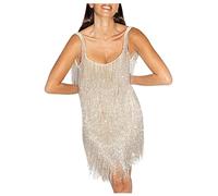 Abito da donna anni '20, Gatsby anni '20, con frange, oro e argento, abito corto Charleston, senza spalline, frange, carnevale, argento, S