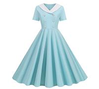 Abito da donna anni '50, a maniche corte, per feste, cocktail, vintage, con scollo a V, lunghezza al ginocchio, con bottoni plissettati, stile Audrey Hepburn, stile vacanza, stile casual, 01 Azzurro,