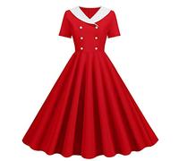 Abito da donna anni '50, a maniche corte, per feste, cocktail, vintage, con scollo a V, lunghezza al ginocchio, con bottoni plissettati, stile Audrey Hepburn, stile vacanza, stile casual, 01 rosso., S