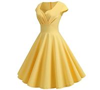 Abito da donna anni '50, Audrey Hepburn, estivo, casual, gonna vintage, stile rockabilly, svasato, cocktail, feste, tinta unita, senza maniche, svasato, plissettato, 01 Giallo, S