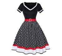 Abito da donna anni '50, stile rockabilly at vintage, a maniche corte, con scollo a V, a pois, per matrimoni, feste, lunghezza al ginocchio, elegante abito da ballo, Nero , M