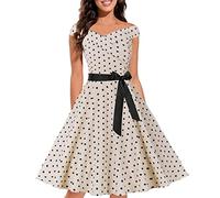 Abito da donna anni '50, stile vintage, con allacciatura al collo, gonna anni '50, con scollo a V, senza maniche, con cintura, lunghezza al ginocchio, beige., L