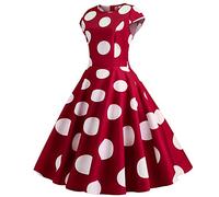 Abito da donna anni '50, vintage, girocollo, retrò, a pois, a maniche corte, elasticizzato, a vita alta, con gonna ampia, stile rockabilly, per discoteca, festival, feste, Rosso, XXL