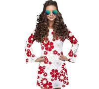 Abito da donna anni '70, alla moda, da discoteca, per feste, stile hippie, con scollo a V, lunghezza al ginocchio, a maniche lunghe, stile retrò, per feste a tema, costume per partner, P rosso., XL