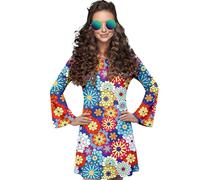 Abito da donna anni '70, alla moda, da discoteca, per feste, stile hippie, con scollo a V, lunghezza al ginocchio, a maniche lunghe, stile retrò, per feste a tema, costume per partner, Q multicolore