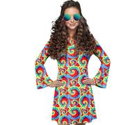Abito da donna anni '70, stile hippie, alla moda, con scollo a V, lunghezza al ginocchio, a maniche lunghe, retrò, per feste a tema, R rosso., XXL