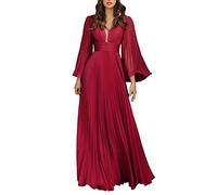 Abito da donna, autunno, inverno, da sera, a maniche lunghe, con scollo a V, lungo, linea A, in chiffon, per feste, da damigella nuziale, elegante, sexy, slim fit, Vino, XL