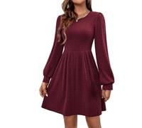 Abito da donna autunno inverno lanterna a maniche lunghe in maglia a costine girocollo collo quadrato vita impero linea ad A fluente mini abito, Rosso, L