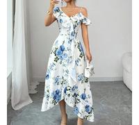 Abito da donna bianco e blu con fiori estivo elegante per vacanze e tea festa, stile palazzo retrò, collo obliquo, volant, orlo asimmetrico, lungo maxi, outfit da vacanza L,M,S,XL,XSPianteTessuto intr